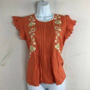 Care Of You Women's Orange Floral Blouse Top Casual Flared Sleeve Size S/M